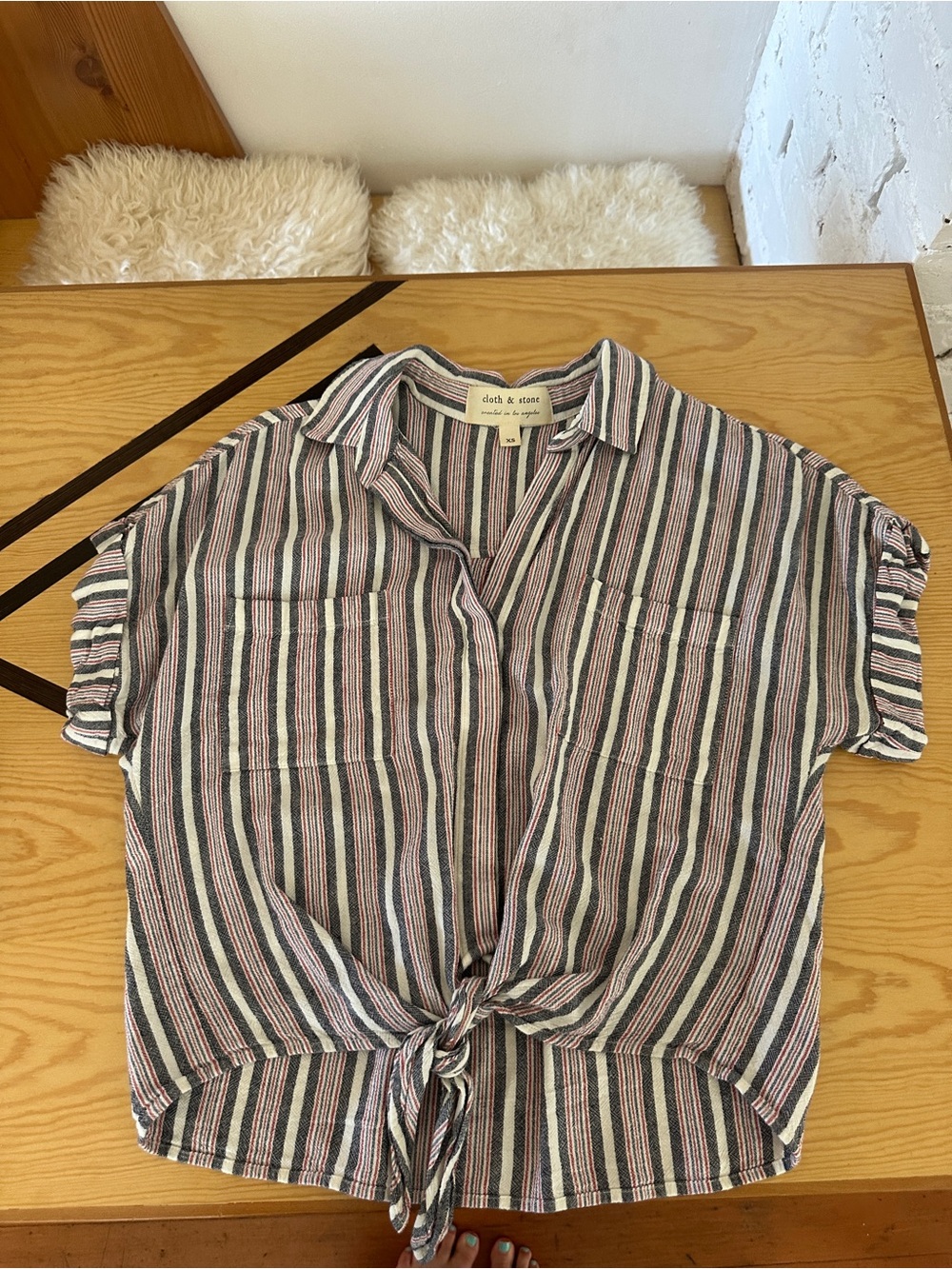 cloth & stone Navy, Red, Cream Striped Button Shirt